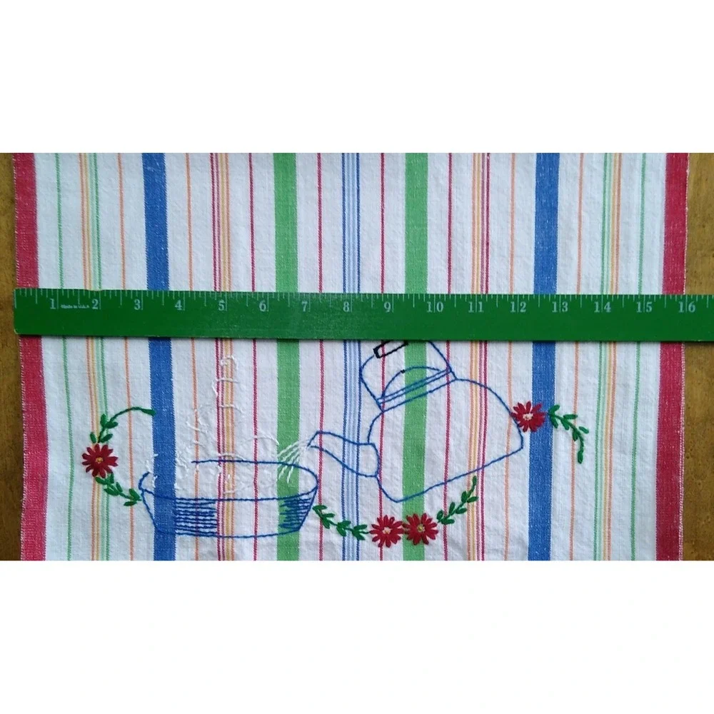 Vtg Embroidered Cotton Tea Towel Striped Blue Red Green Teapot 24 x 16